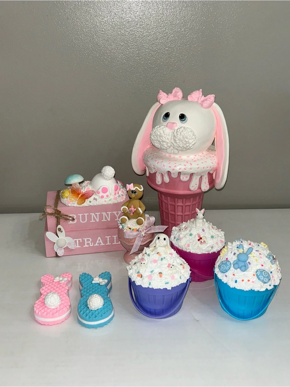 Pink Bunny Ice Cream Cupcake Party Decor Set - Handmade